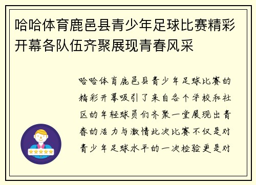 哈哈体育鹿邑县青少年足球比赛精彩开幕各队伍齐聚展现青春风采