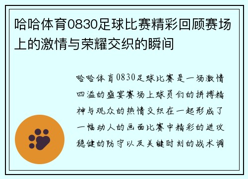 哈哈体育0830足球比赛精彩回顾赛场上的激情与荣耀交织的瞬间