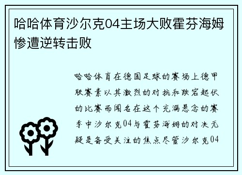 哈哈体育沙尔克04主场大败霍芬海姆惨遭逆转击败