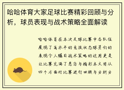 哈哈体育大家足球比赛精彩回顾与分析，球员表现与战术策略全面解读