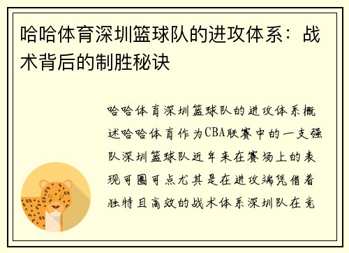 哈哈体育深圳篮球队的进攻体系：战术背后的制胜秘诀