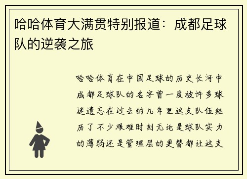 哈哈体育大满贯特别报道：成都足球队的逆袭之旅