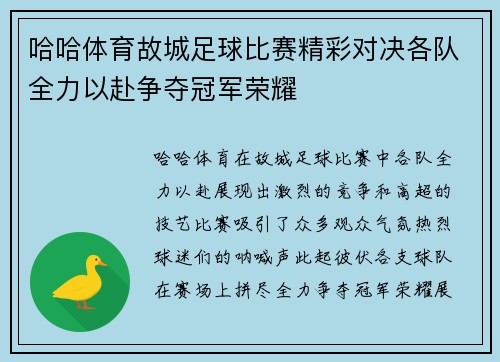 哈哈体育故城足球比赛精彩对决各队全力以赴争夺冠军荣耀
