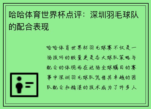 哈哈体育世界杯点评：深圳羽毛球队的配合表现